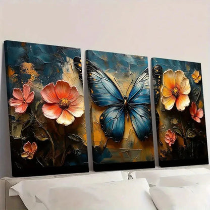 3pcs Vibrant Blue Butterfly with Orange Flowers Wall Art Set Canvas Framed 60x90cm - High Quality Print 100% Australian Made Wall Canvas Ready to Hang