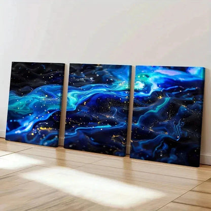 3pcs Vibrant Blue and Golden Swirls Wall Art Set Canvas Framed 50x70cm - High Quality Print 100% Australian Made Wall Canvas Ready to Hang