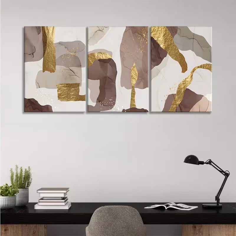 3pcs Abstract Brown And Golden Foil Wall Art Set Canvas Framed 50x70cm - High Quality Print 100% Australian Made Wall Canvas Ready to Hang