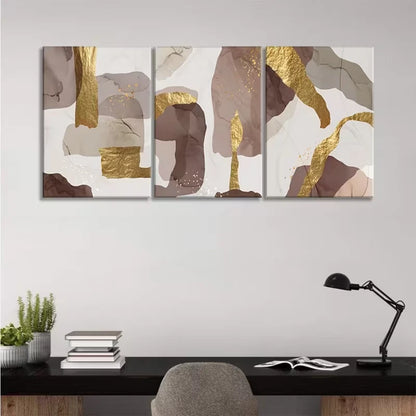3pcs Abstract Brown And Golden Foil Wall Art Set Canvas Framed 50x70cm - High Quality Print 100% Australian Made Wall Canvas Ready to Hang