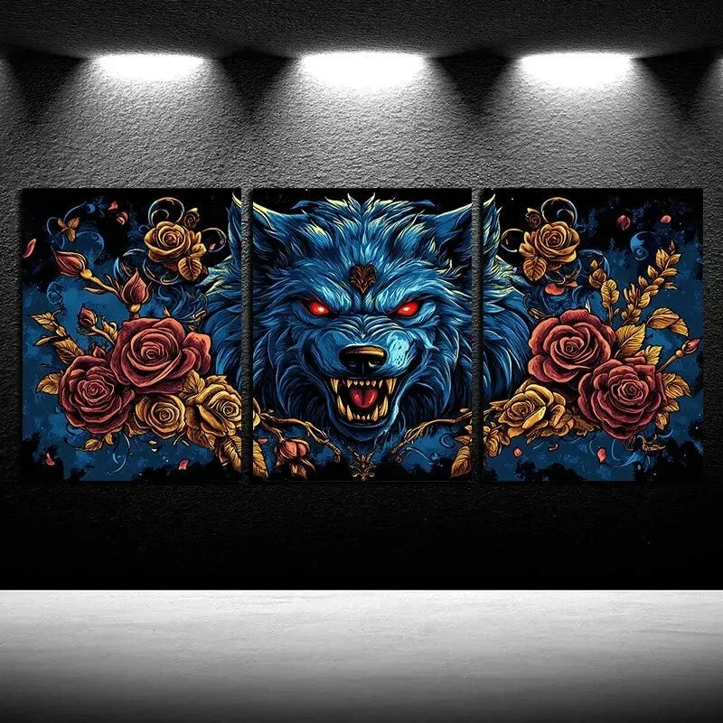 3pcs Wolf with Crown of Roses and Leaves Wall Art Set Canvas Framed 40x60cm - High Quality Print 100% Australian Made Wall Canvas Ready to Hang - Bella Home Decor