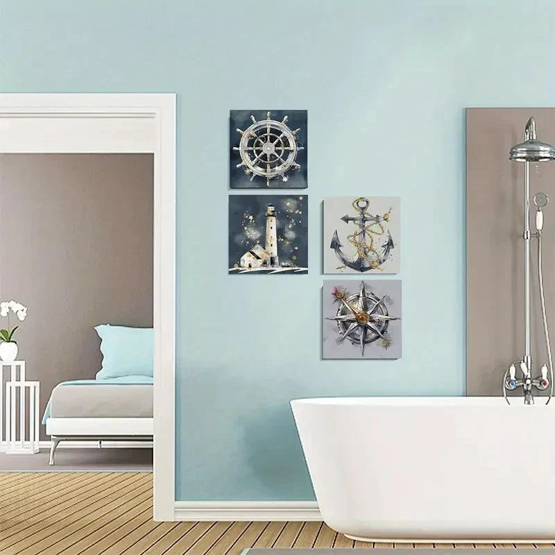 4pcs Nautical Ship Wheel Boat Anchor Lighthouse Wall Art Canvas Framed