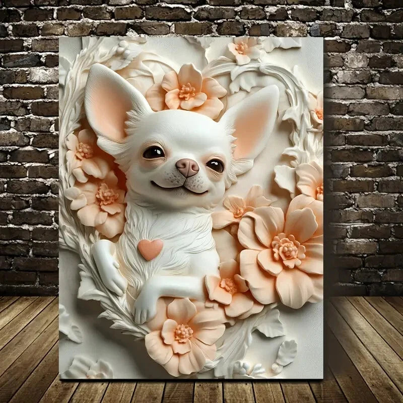 Humorous Chihuahua Surrounded by Flowers Painting 40x60cm Metal Print Ready to Hang - Bella Home Decor