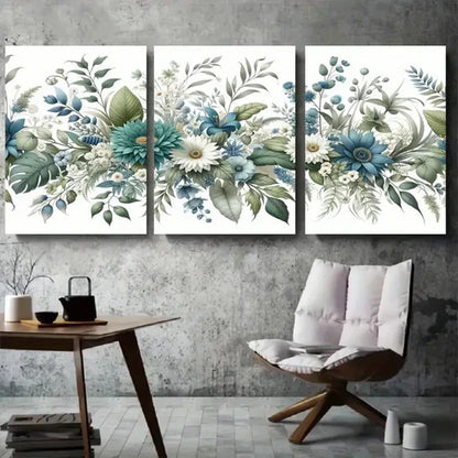 3pcs Vibrant Blue Green Floral Bouquet Wall Art Canvas Unframed - High Quality Print 100% Australian Made Wall Canvas