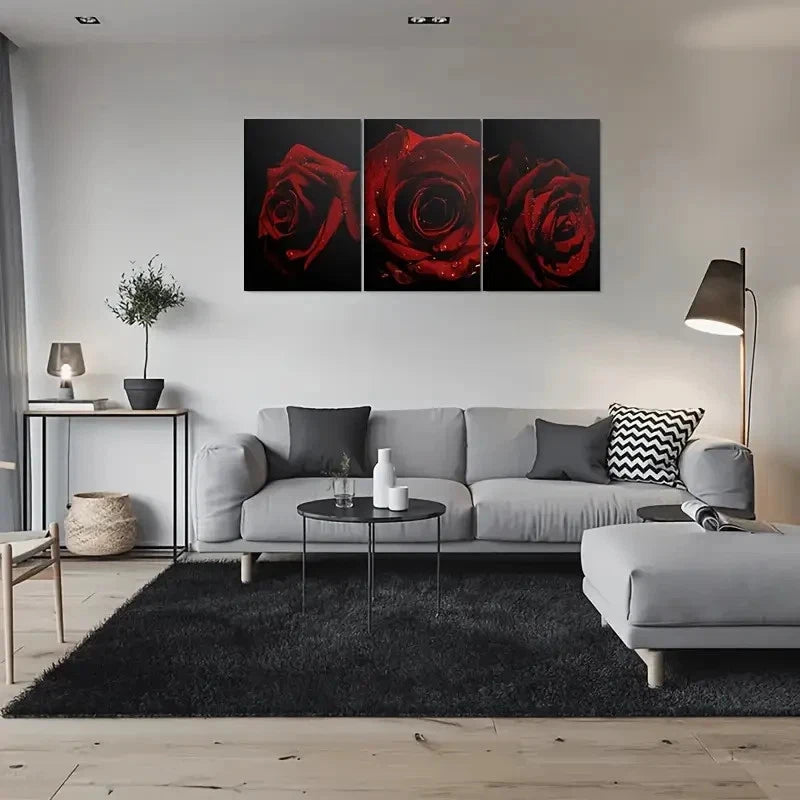 3pcs Modern Triptych Red Rose Metal Print Ready to Hang Art