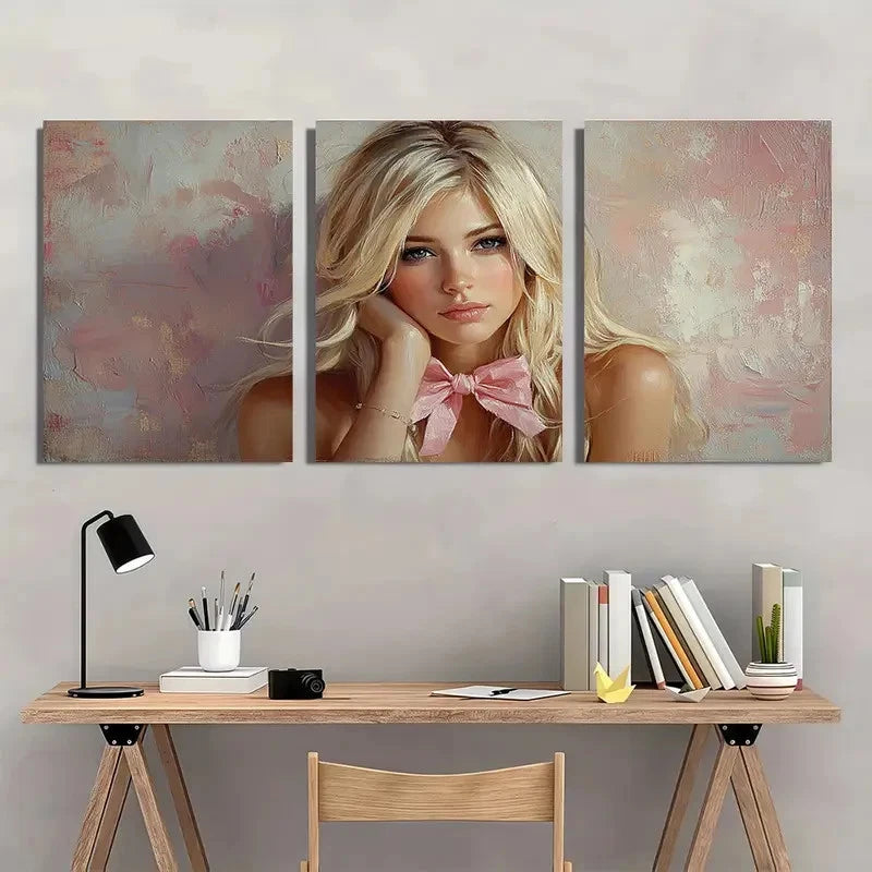 3pcs Blonde Girl Coquette Pink Bow Perfect Wall Art Set Canvas Framed 40x60cm - High Quality Print 100% Australian Made Wall Canvas Ready to Hang - Bella Home Decor