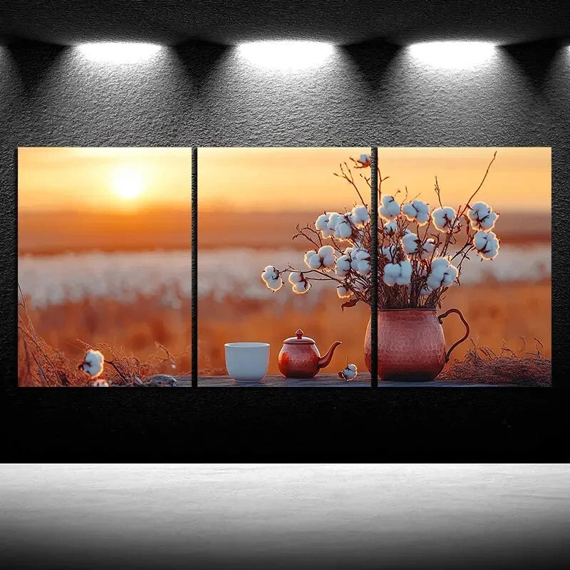 3pcs Teapots and Cups in The Fields Sunrise Metal Print Ready to Hang Art - Bella Home Decor
