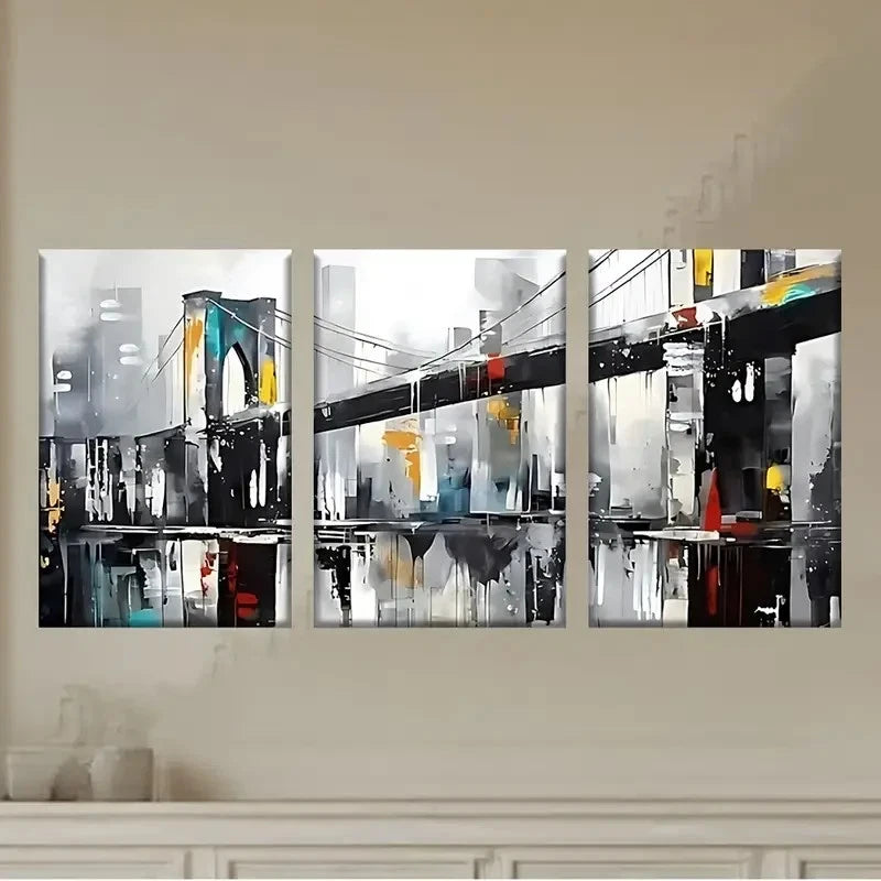3pcs a painting of a cityscape with a bridge Wall Art Set Canvas Framed 50x70cm - High Quality Print 100% Australian Made Wall Canvas Ready to Hang - Bella Home Decor