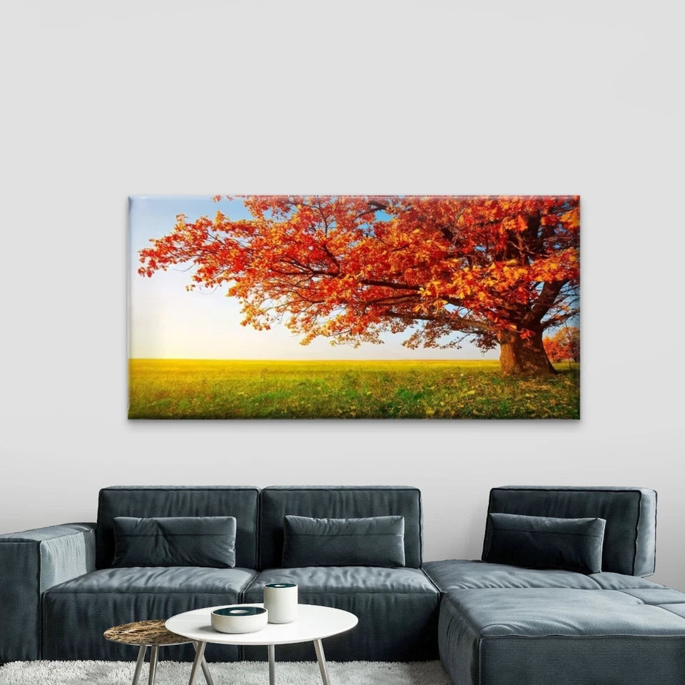 Solitary Tree in Field Autumn Wall Art Canvas Office Home Room Framed 120x60cm