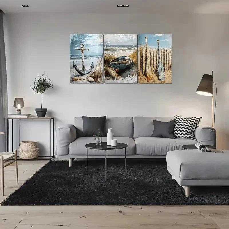 3pcs Beach Scene Anchor Boat and Sailboats Metal Print Ready to Hang Art - Bella Home Decor