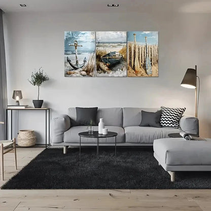 3pcs Beach Scene Anchor Boat and Sailboats Metal Print Ready to Hang Art - Bella Home Decor