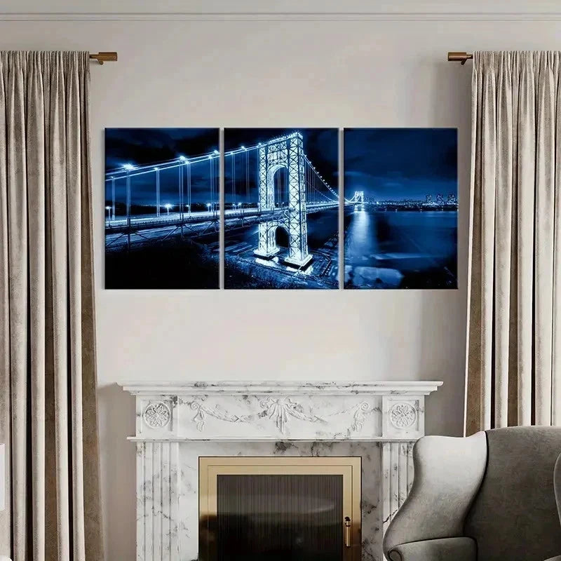 3pcs Blue Brooklyn Bridge Night Cityscape Wall Art Set Canvas Framed 50x70cm - High Quality Print 100% Australian Made Wall Canvas Ready to Hang - Bella Home Decor