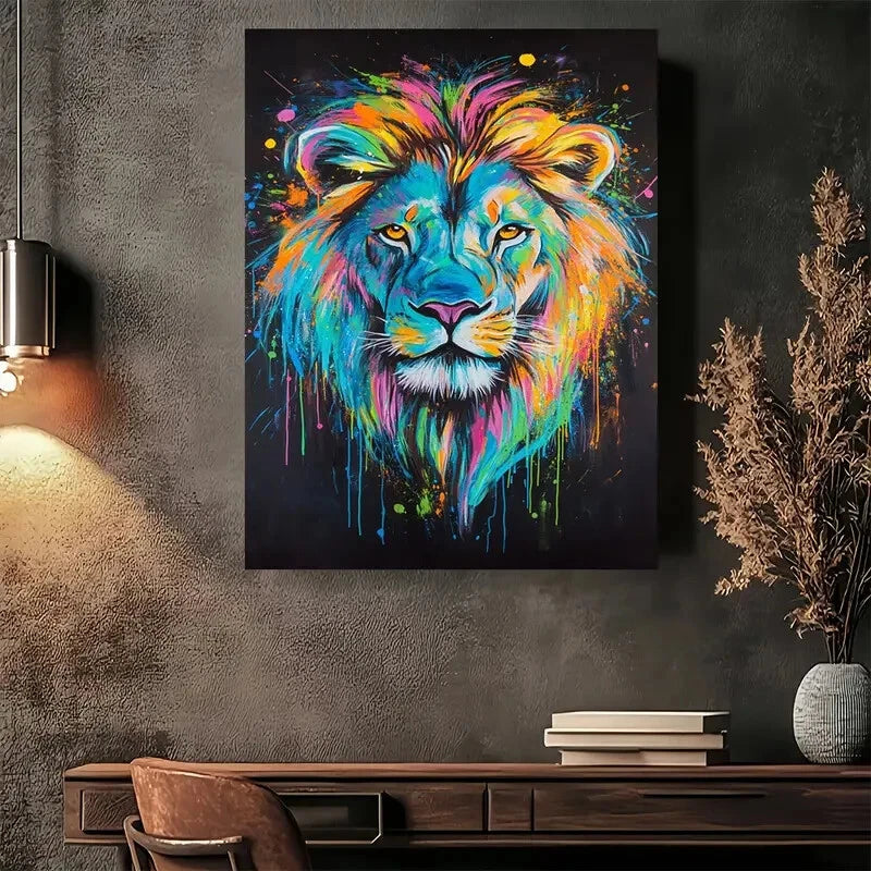 Beautiful Vibrant Colorful Lion Face Painting 40x60cm Metal Print Ready to Hang - Bella Home Decor