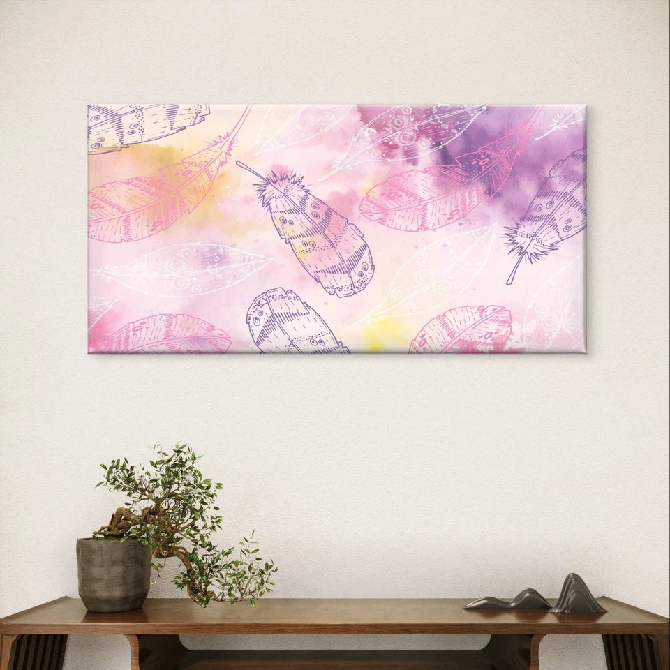 Pink Feather Watercolour Pattern Wall Art Canvas Office Home Framed 120x60cm