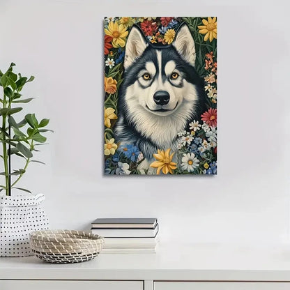 Flowers And Plants Cute Husky Dog Painting 40x60cm Metal Print Ready to Hang
