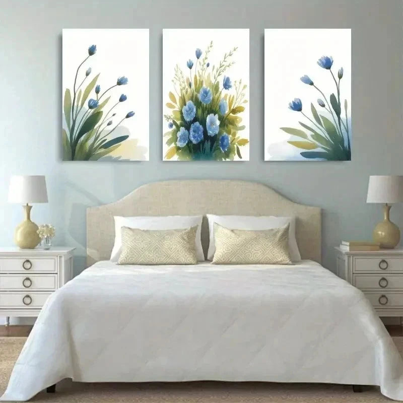 3pcs Blue Flowers & Green Leaves Wall Art Set Canvas Framed 60x90cm - High Quality Print 100% Australian Made Wall Canvas Ready to Hang - Bella Home Decor