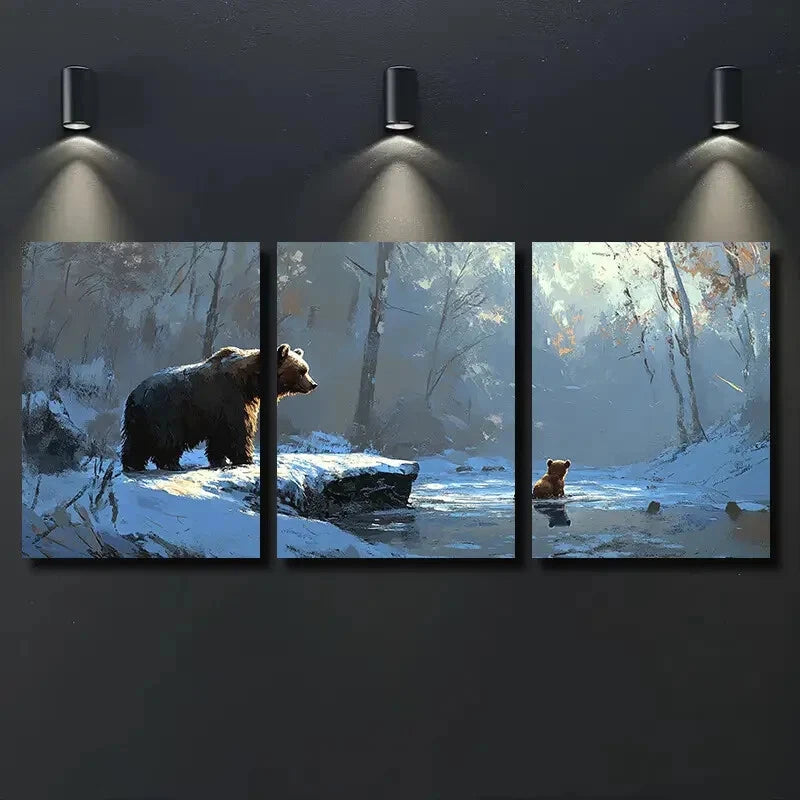 3pcs Rustic Bear and Cub Ice Floe Scene Metal Print Ready to Hang Art - Bella Home Decor