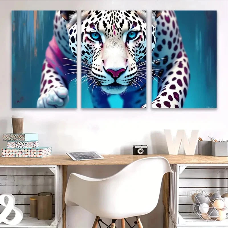 3pcs Vibrant Leopard Portrait with Blue Eyes Wall Art Set Canvas Framed 40x60cm - High Quality Print 100% Australian Made Wall Canvas Ready to Hang