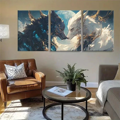 3pcs Mystical Wolf Face-Off with Moon Wall Art Canvas Unframed - High Quality Print 100% Australian Made Wall Canvas