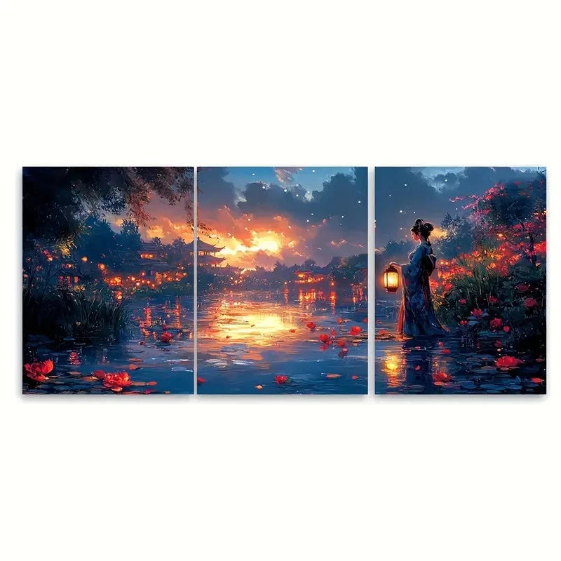 3pcs Asian Garden Night Lanter Lady DI  Wall Art Set Canvas Framed 60x90cm - High Quality Print 100% Australian Made Wall Canvas Ready to Hang - Bella Home Decor