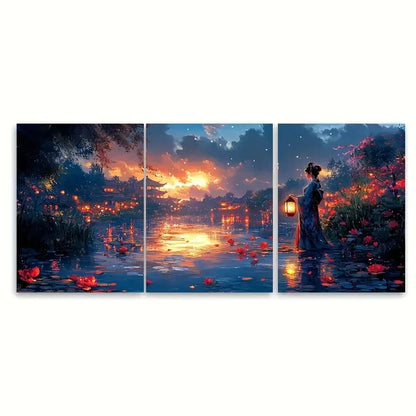 3pcs Asian Garden Night Lanter Lady DI  Wall Art Set Canvas Framed 60x90cm - High Quality Print 100% Australian Made Wall Canvas Ready to Hang - Bella Home Decor