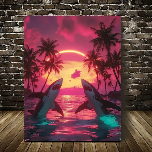 Vibrant Shark Sunset Scene Neon Glow Painting 40x60cm Metal Print Ready to Hang - Bella Home Decor