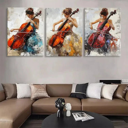 3pcs Classical Cello Player Colorful Wall Art Canvas Unframed - High Quality Print 100% Australian Made Wall Canvas - Bella Home Decor