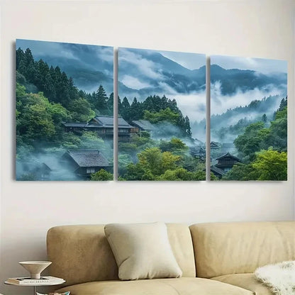 3pcs Misty Mountain Village Atmospheric Wall Art Set Canvas Framed 50x70cm - High Quality Print 100% Australian Made Wall Canvas Ready to Hang