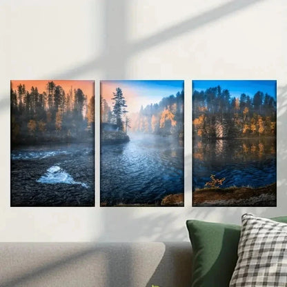 3pcs River in the Middle of a Forest Wall Art Set Canvas Framed 50x70cm - High Quality Print 100% Australian Made Wall Canvas Ready to Hang