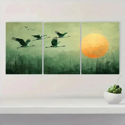 3pcs Abstract Green Flying Cranes Wall Art Canvas Unframed – High Quality Print 100% Australian Made Wall Canvas - Bella Home Decor
