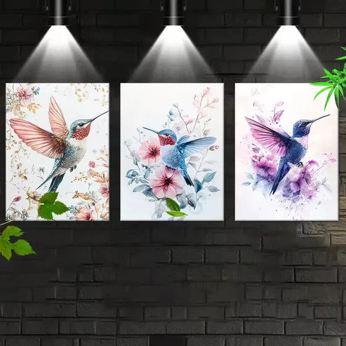 3pcs Colorful Plants And Hummingbird Flying  Art Set Canvas Unframed - High Quality Print 100% Australian Made Wall Canvas - Bella Home Decor