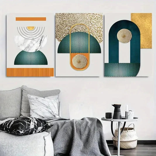 3pcs Minimalist Teal and Golden Metal Print Ready to Hang Art