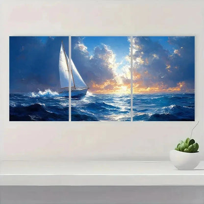 3pcs Blue Ocean Scene with Sunset and Clouds E   Wall Art Set Canvas Framed 50x70cm - High Quality Print 100% Australian Made Wall Canvas Ready to Hang - Bella Home Decor