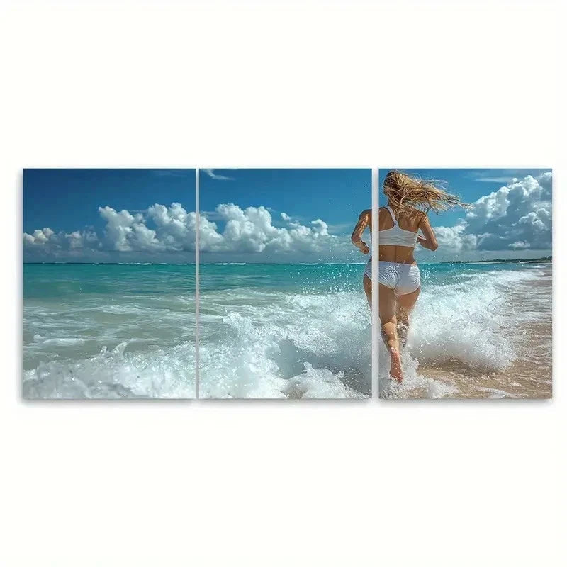 3pcs Woman Running on Sandy Beach I   Wall Art Set Canvas Framed 40x60cm - High Quality Print 100% Australian Made Wall Canvas Ready to Hang - Bella Home Decor