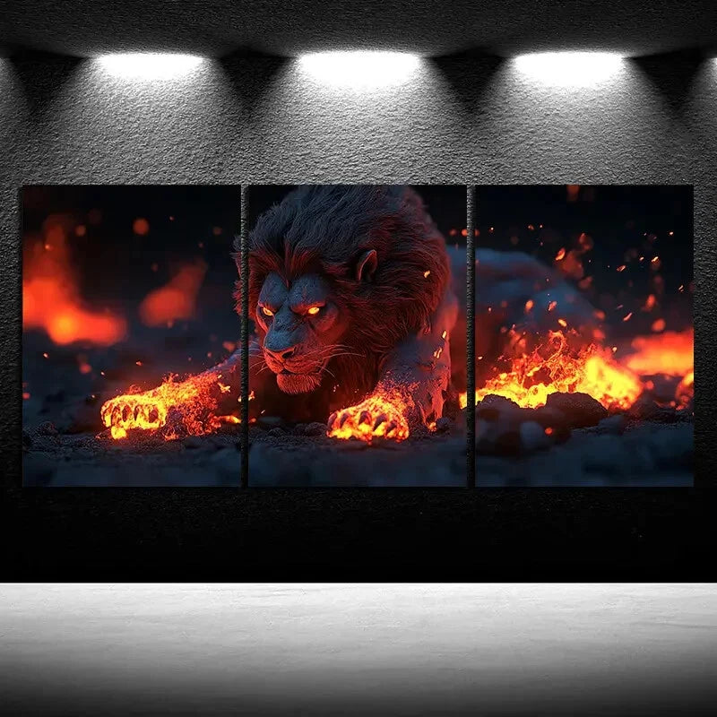 3pcs Abstract Running Lion Fire Effect Metal Print Ready to Hang Art - Bella Home Decor