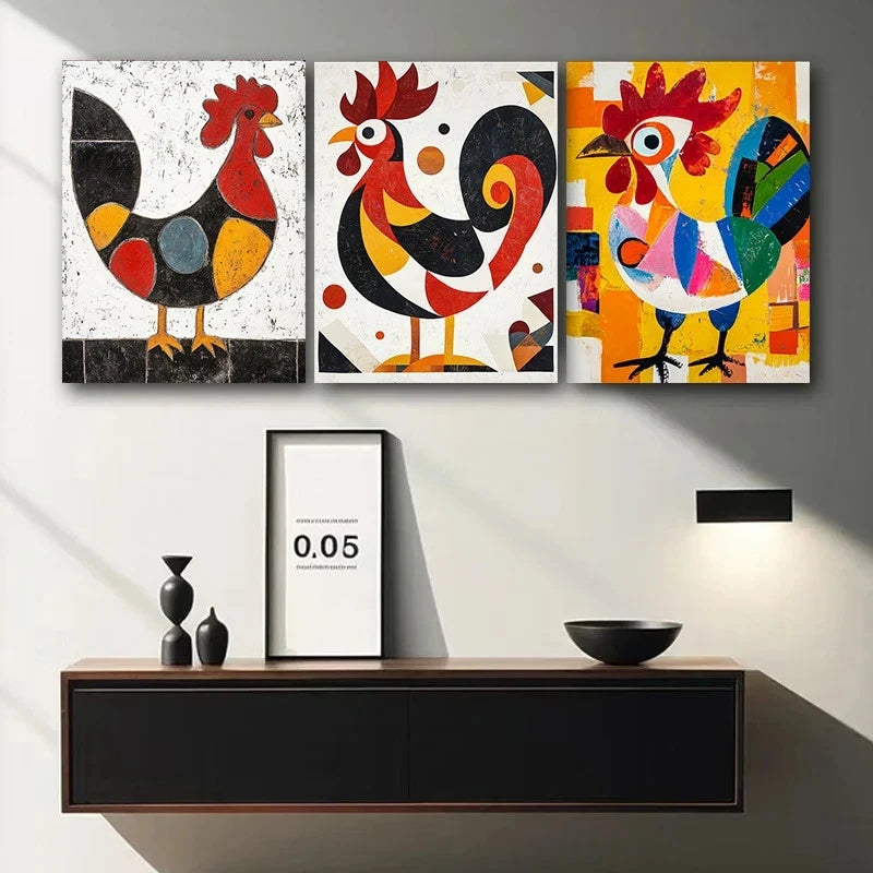 3pcs Abstract Rooster Colourful Metal Print Ready to Hang Art - Bella Home Decor