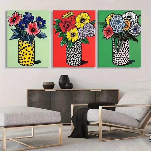 3pcs Colorful Floral Flower Vases Wall Art Canvas Unframed - High Quality Print 100% Australian Made Wall Canvas - Bella Home Decor