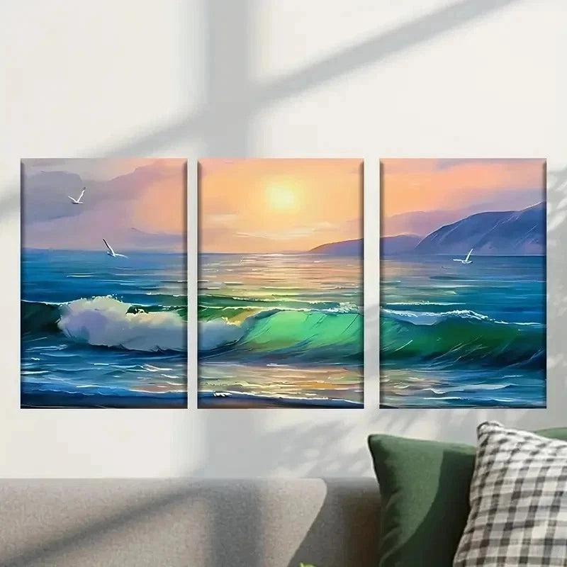 3pcs Vibrant Ocean Wave & Sunset Wall Art Set Canvas Framed 50x70cm - High Quality Print 100% Australian Made Wall Canvas Ready to Hang