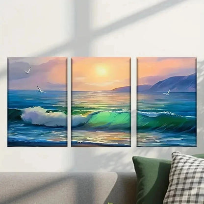 3pcs Vibrant Ocean Wave & Sunset Wall Art Set Canvas Framed 50x70cm - High Quality Print 100% Australian Made Wall Canvas Ready to Hang