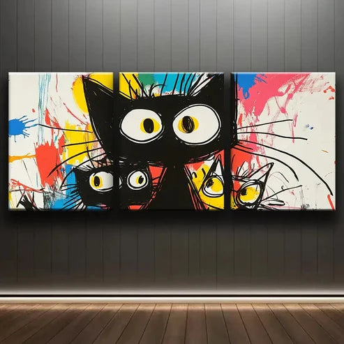 3pcs Abstract Cute Black Cat Colorful Perfect Wall Art Set Canvas Unframed - High Quality Print 100% Australian Made Wall Canvas - Bella Home Decor