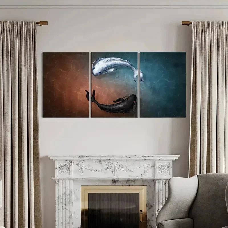 3pcs Tai Chi Bagua Koi Yin And Yang Wall Art Set Canvas Framed 60x90cm - High Quality Print 100% Australian Made Wall Canvas Ready to Hang