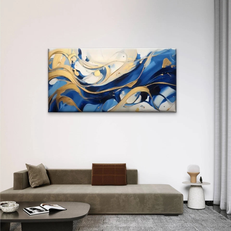 Blue Golden Swirl Abstract Wall Art Canvas Office Home Room Framed 120x60cm