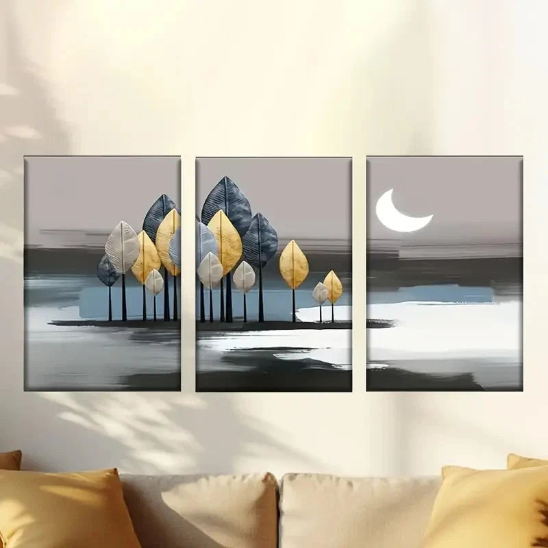 3pcs a painting of three trees with leaves Wall Art Set Canvas Framed 60x90cm - High Quality Print 100% Australian Made Wall Canvas Ready to Hang - Bella Home Decor