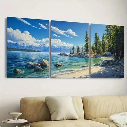 3pcs Vibrant Blue Waters, Snow-Capped Mountains Wall Art Set Canvas Framed 60x90cm - High Quality Print 100% Australian Made Wall Canvas Ready to Hang - Bella Home Decor