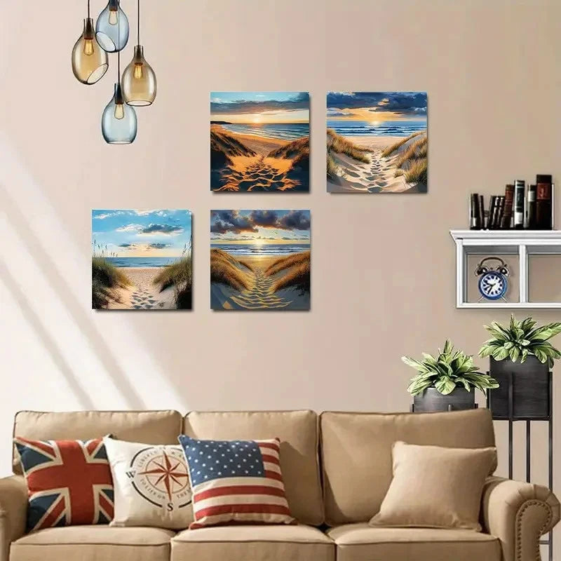 4pcs Vintage Abstract Beach Sunset Coastal Wall Art Canvas Framed