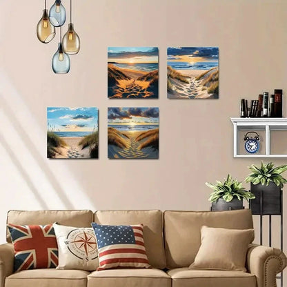 4pcs Vintage Abstract Beach Sunset Coastal Wall Art Canvas Framed