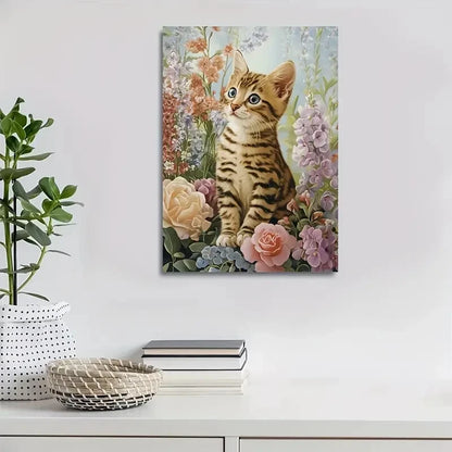 Cute Bengal Cat Kitten with Vibrant Flowers 40x60cm Metal Print Ready to Hang - Bella Home Decor