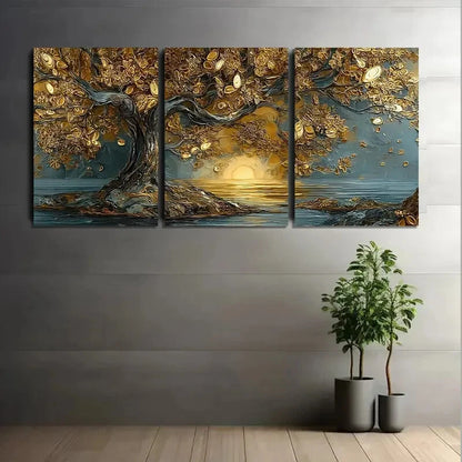 3pcs Tree with Leaves Golden and Silvery Metal Print Ready to Hang Art - Bella Home Decor