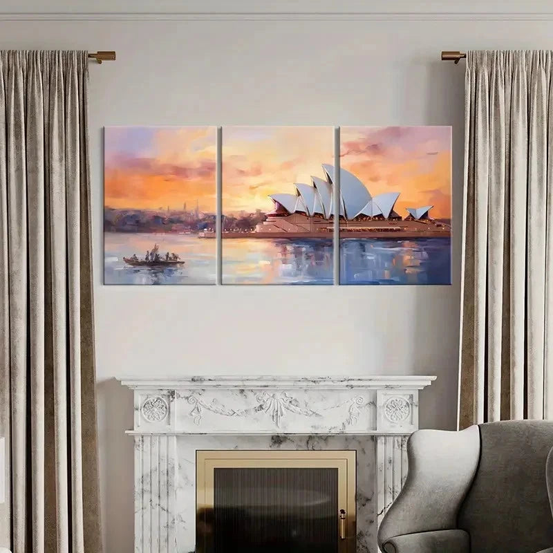 3pcs Sydney Opera House Sunset Glow Art Paint Wall Art Set Canvas Framed 50x70cm - High Quality Print 100% Australian Made Wall Canvas Ready to Hang