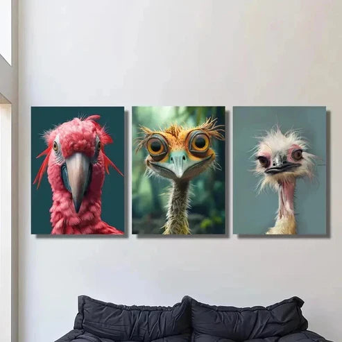 3pcs Adorable Fluffy Birds Parrots & Ostriches Wall Art Canvas Unframed - High Quality Print 100% Australian Made Wall Canvas - Bella Home Decor